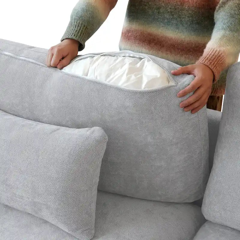 Sectional Couch with L-Shaped Design and Linen Upholstery, Featuring Multiple Cushions