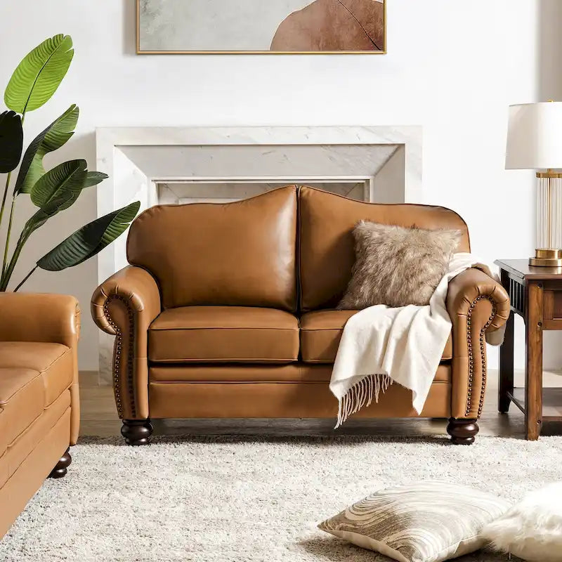Leather Loveseat Sofa with Rolled Arms and Nailhead Trim