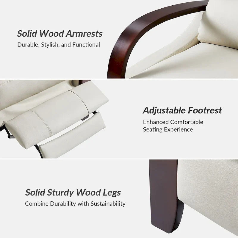 Set of 2 Alex Mid-Century Modern Genuine Leather Manual Recliners with Curved Wooden Arms