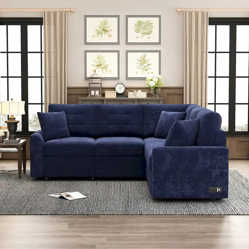L-Shaped Pull-Out Sleeper Sofa with Wheels, USB Charging Ports, and Power Outlets