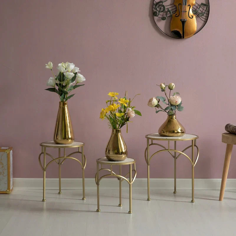 Set of 3 Decorative Gold Metal Round Plant Stands with Modern White Marble Top - Stylish End Side Tables