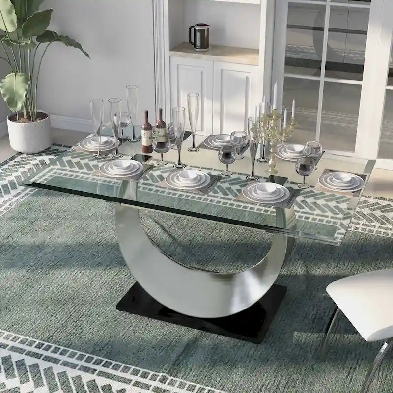 Glass Dining Table Set with 6 Upholstered Chairs and Metal Base