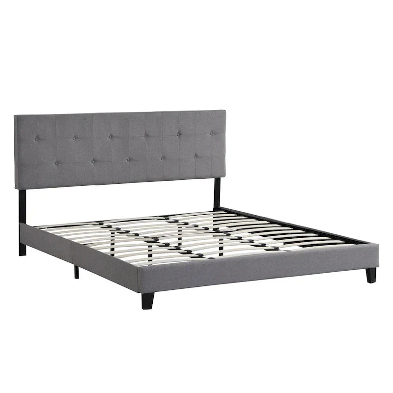 King Size Upholstered Platform Bed with Button-Tufted Linen Headboard