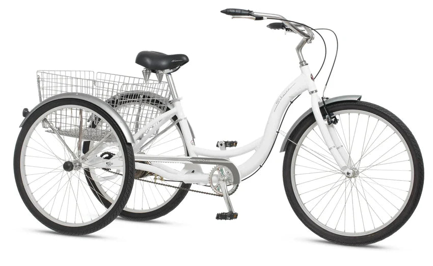 2025 Schwinn Meridian Adult Tricycle Bike Mens and Womens Three Wheel Beach Cruiser 26-inch Wheels Low Step-Through Frame Wide Seat Rear Folding Basket Sin