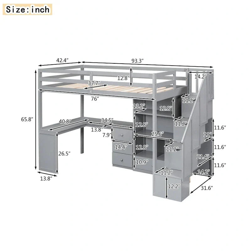 Loft Bed with Desk Storage Drawers Shelves and Staircase