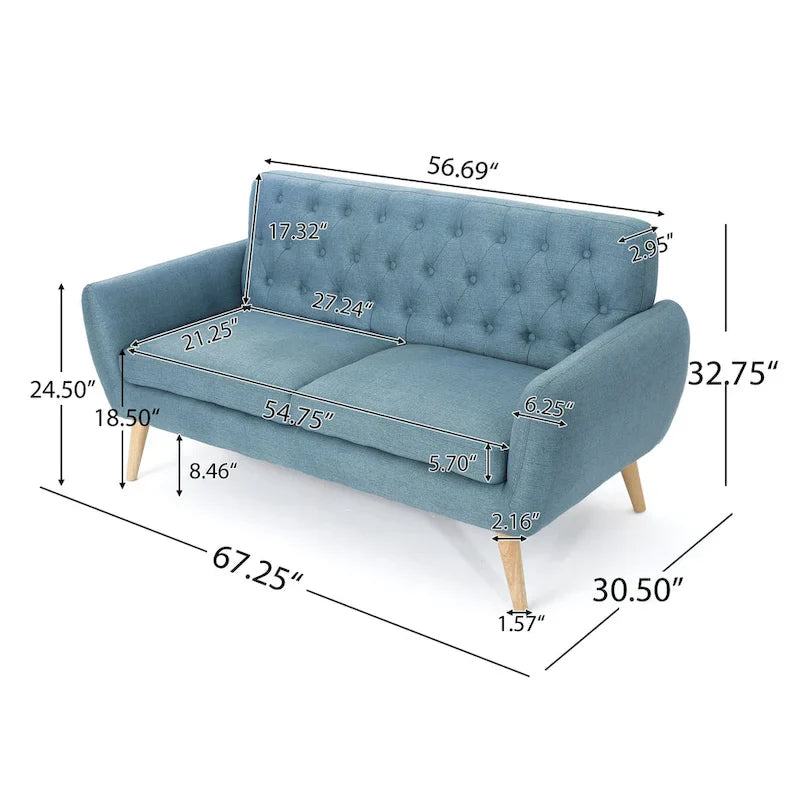 Mid Century Tufted Sofa with Cushioned Seat and Wooden Legs