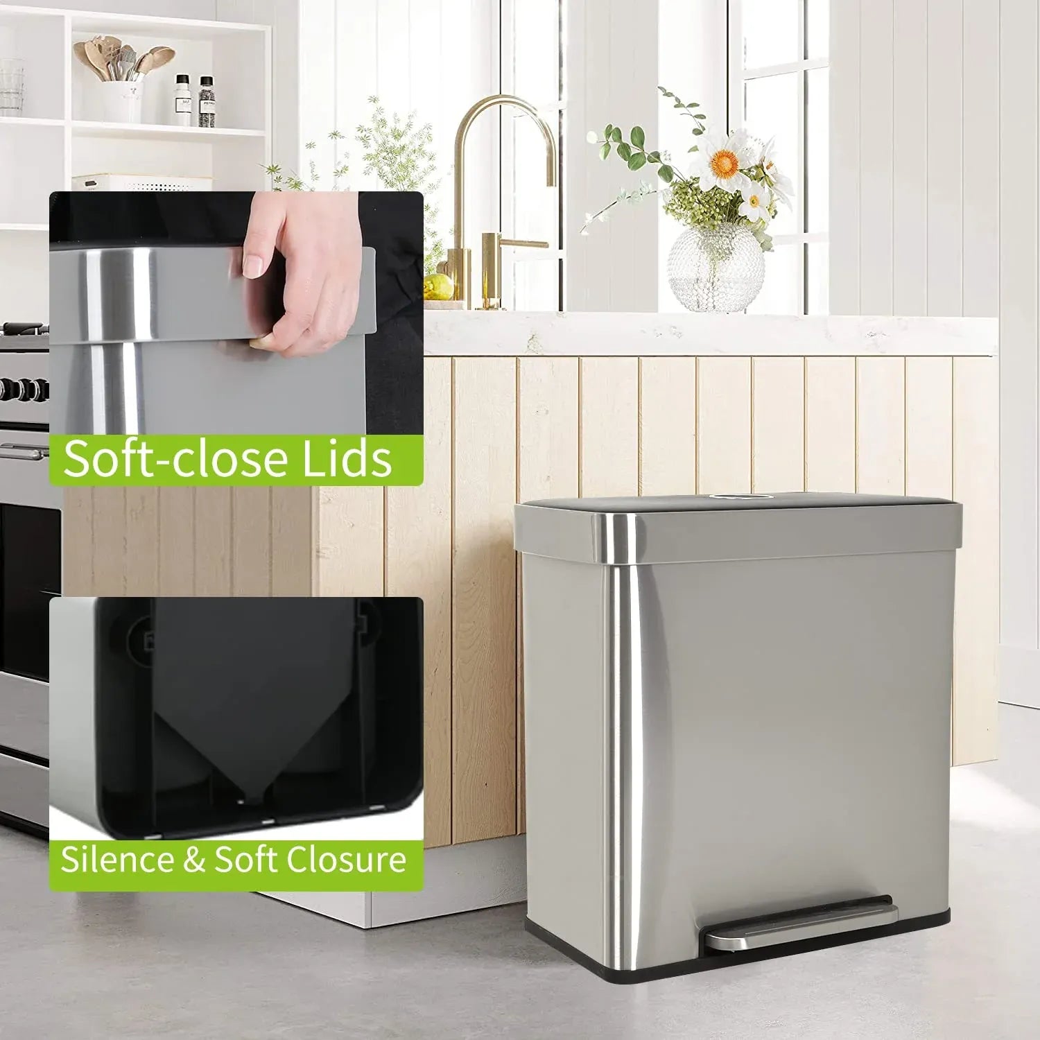 Bigacc 13 Gallon 50 Liter Kitchen Trash Can with Touch-Free & Motion Sensor, Automatic Stainless-Steel Garbage Can, Anti-Fingerprint Mute Designed Trash Bin Brushed Stainless Steel