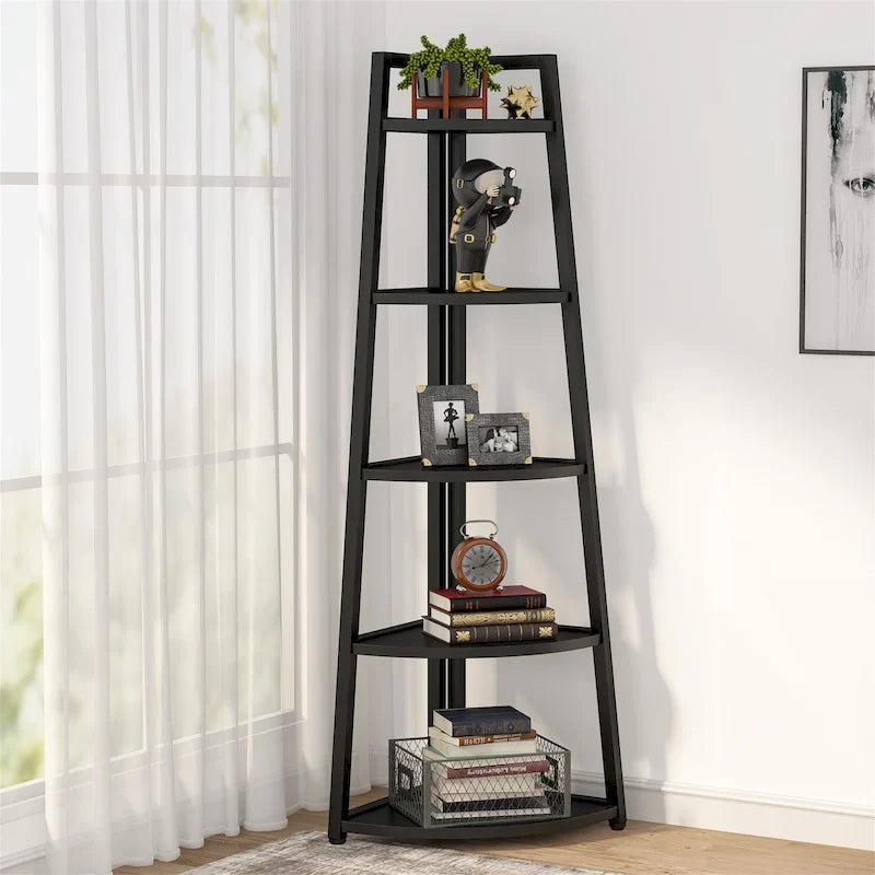 Rustic Brown 5-Tier Corner Shelf Storage Tower for Bathroom