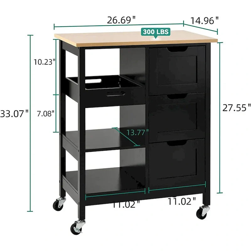 Kitchen Cart with Drawers Open Shelves and Wooden Top on Wheels