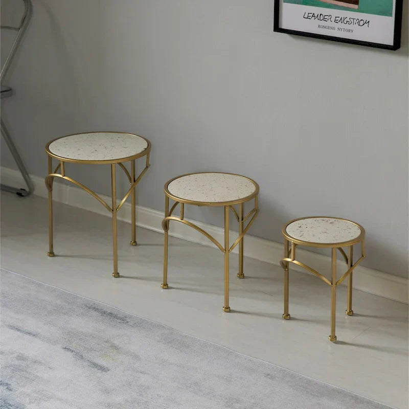 Set of 3 Decorative Gold Metal Round Plant Stands with Modern White Marble Top - Stylish End Side Tables