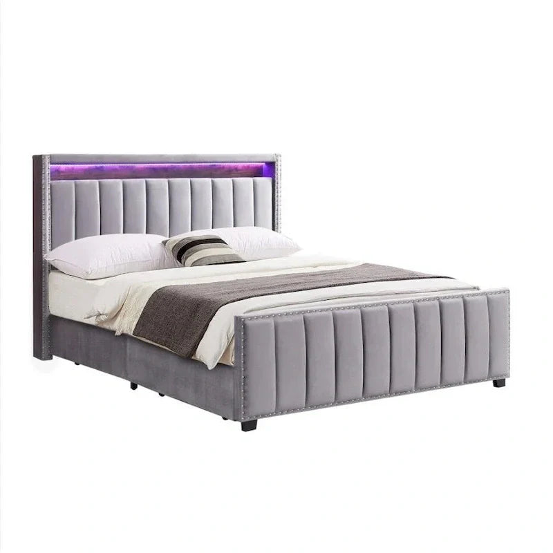 King Size Velvet Gas Lift Storage Bed with LED RF Lights and Storage Headboard