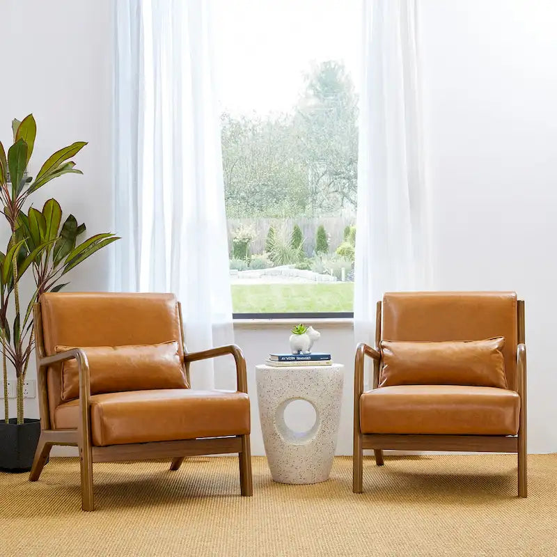 Glitzhome Set of 2 Mid-Century Modern PU Leather Accent Chairs - 30.75H with Cushions (25.75W x 33.75D)