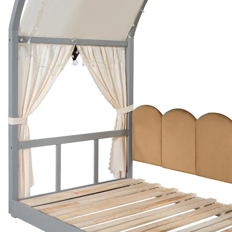 Gray Twin Bed with Arched Canopy and Trundle