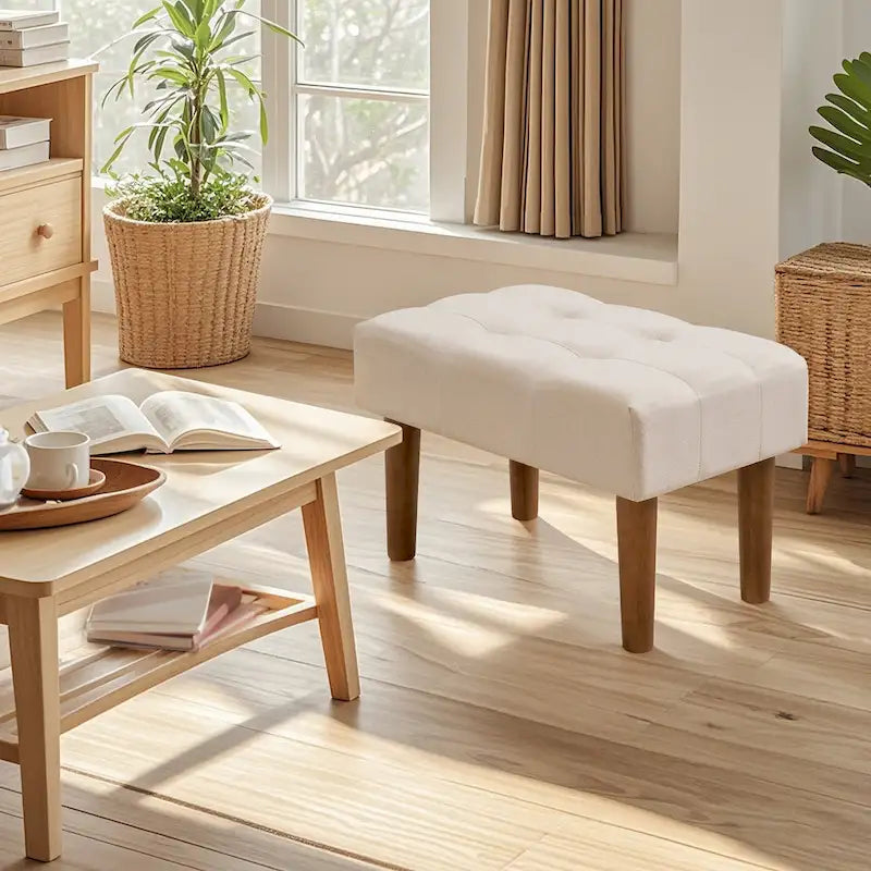 Set of 2 Small Linen Foot Stools with Legs - Rectangle Upholstered Ottoman Footrests