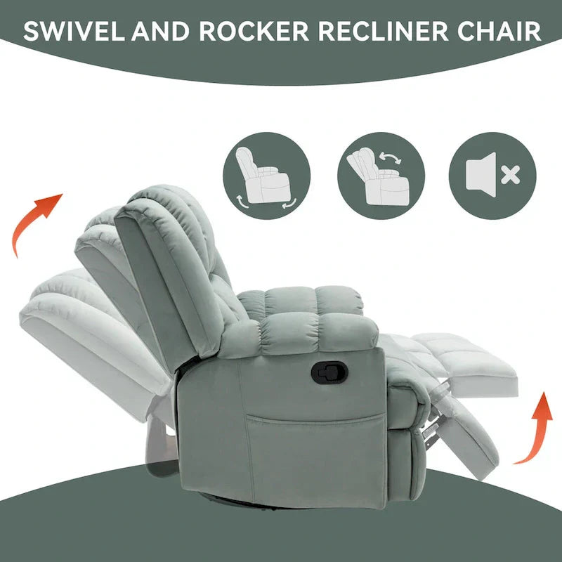 Lazy Boy Swivel Rocker Fabric Recliner Chair, Overstuffed Large Manual Recliner Glider with Pillow Top Arms and Cushion Back