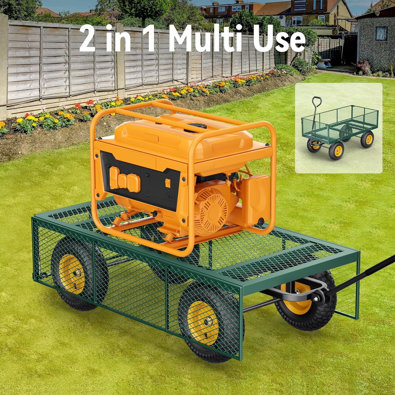 Steel Garden Cart, 2-in-1 1400 lbs Heavy Duty Utility Wagon, with Removable Mesh Sides to Convert into Flatbed, 240 U-Turn 13" Pneumatic Tires Garden Wagon for Farm Yard Lawn Garden Camping