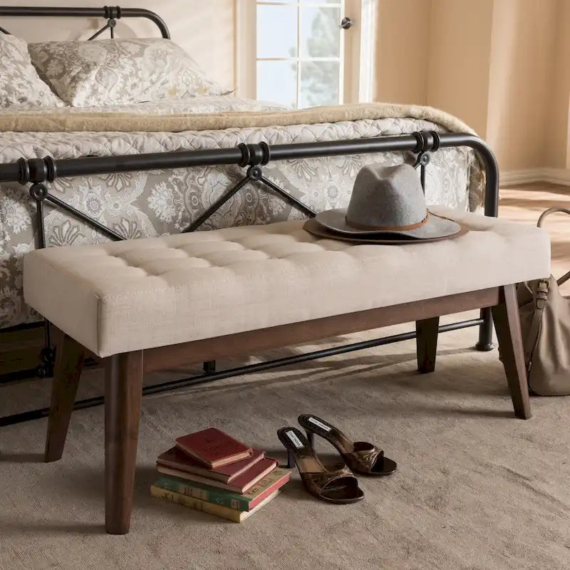 Mid Century Upholstered Bench with Tufted Seat and Wooden Legs