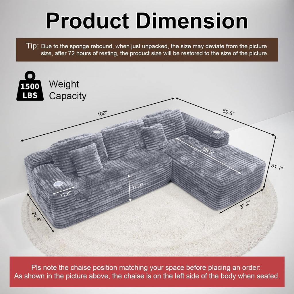 Cloud Sectional Couch with L-Shape Chaise Modern Modular Sofa Deep Seat Built-in Cup Holder