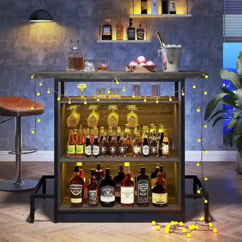 Home Bar Cabinet with Wine Storage Shelves Glass Rack and Footrest