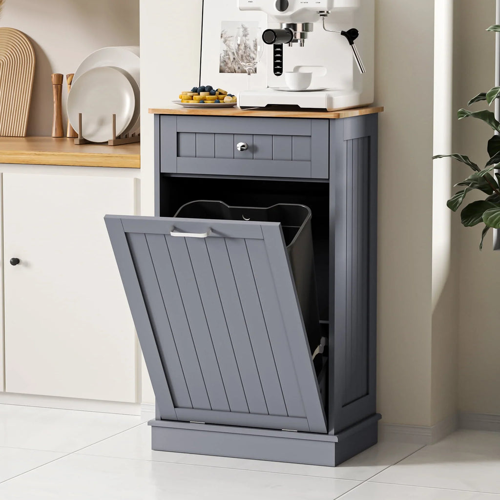 HARIPUL Single Tilt Out Trash Cabinet for 13 Gallon Waste Bin, Free Standing Kitchen Trash Can Cabinet with Drawers, White