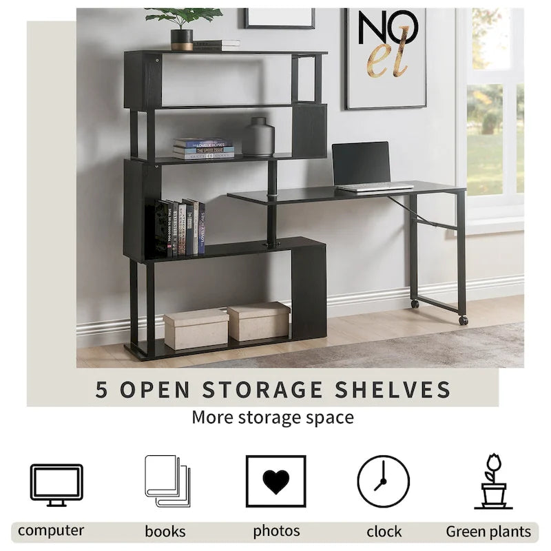 L-Shaped Corner Computer Desk with Rotating Features and 5-Tier Bookshelf for Home Office