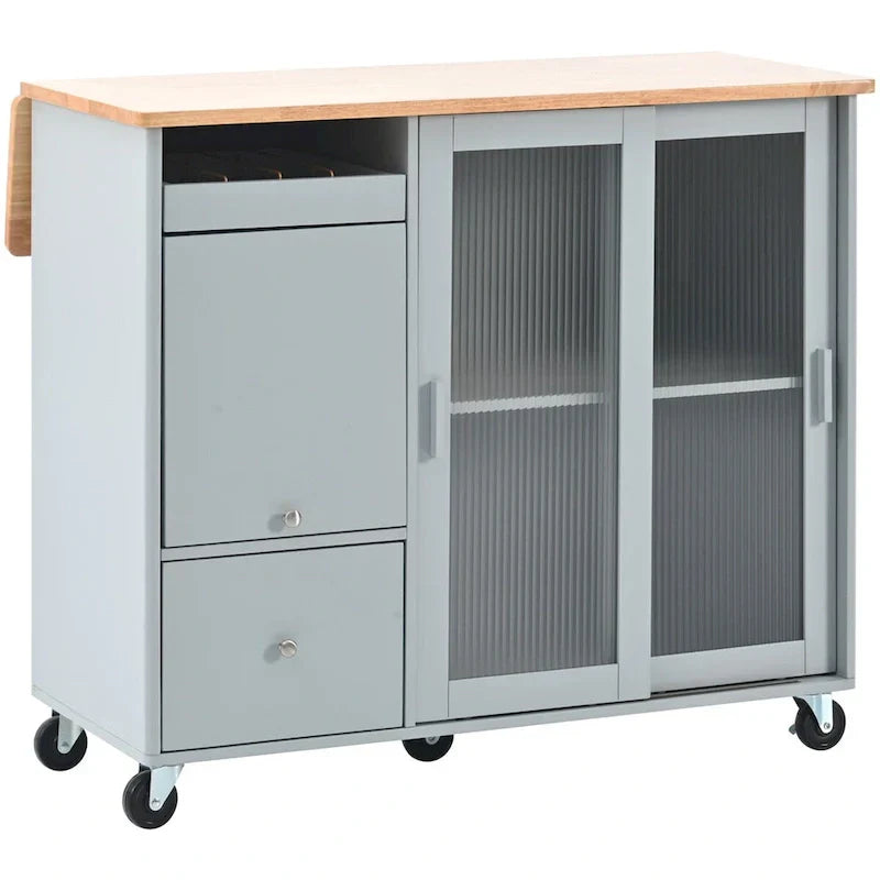 Kitchen Island with Drop Leaf Sliding Glass Doors and Storage on Wheels