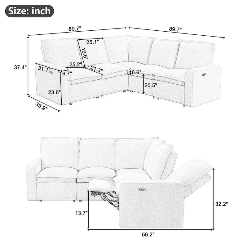 Linen Upholstered Power Recliner L-Shaped Sectional Sofa with USB Port - Soft Home Theater Seating for Living Room
