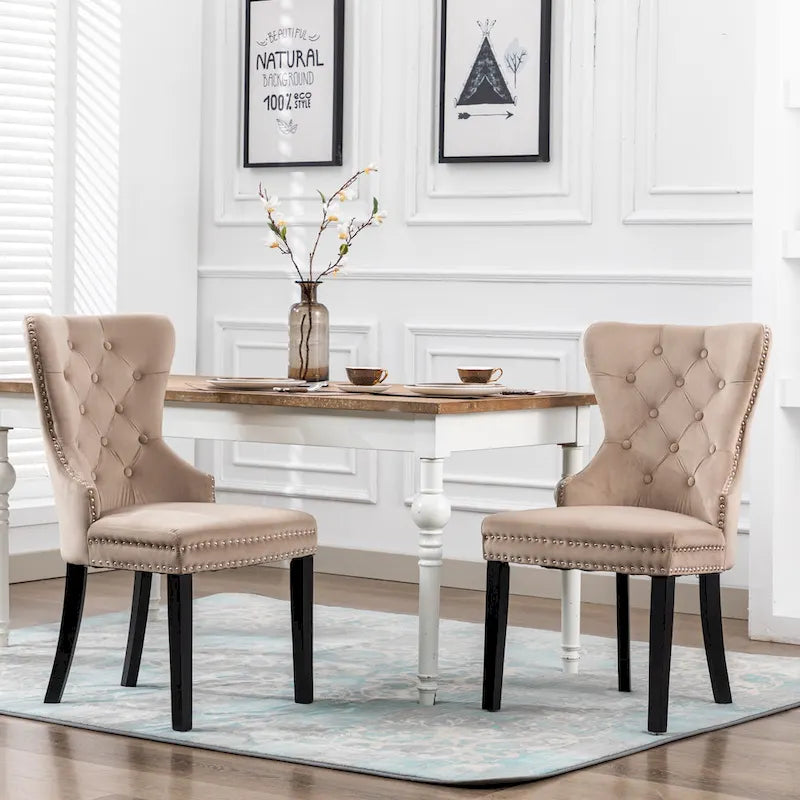 Set of 2 Grandview Tufted Upholstered Dining Chairs with Nailhead Trim and Ring Pull