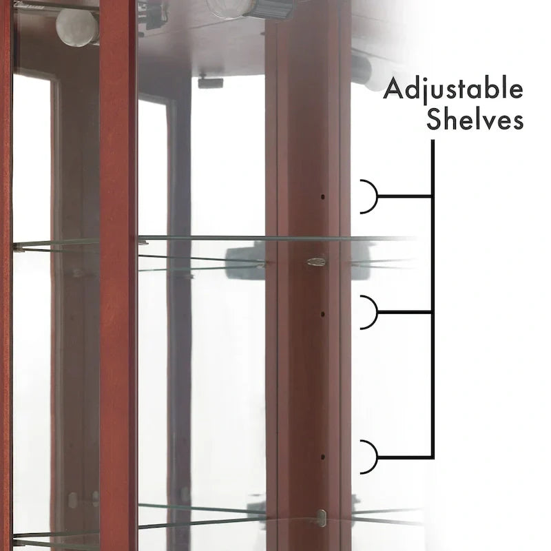6 Shelf Corner Curio Display Cabinet with Lights, Mirrors and Adjustable Shelves, Cherry