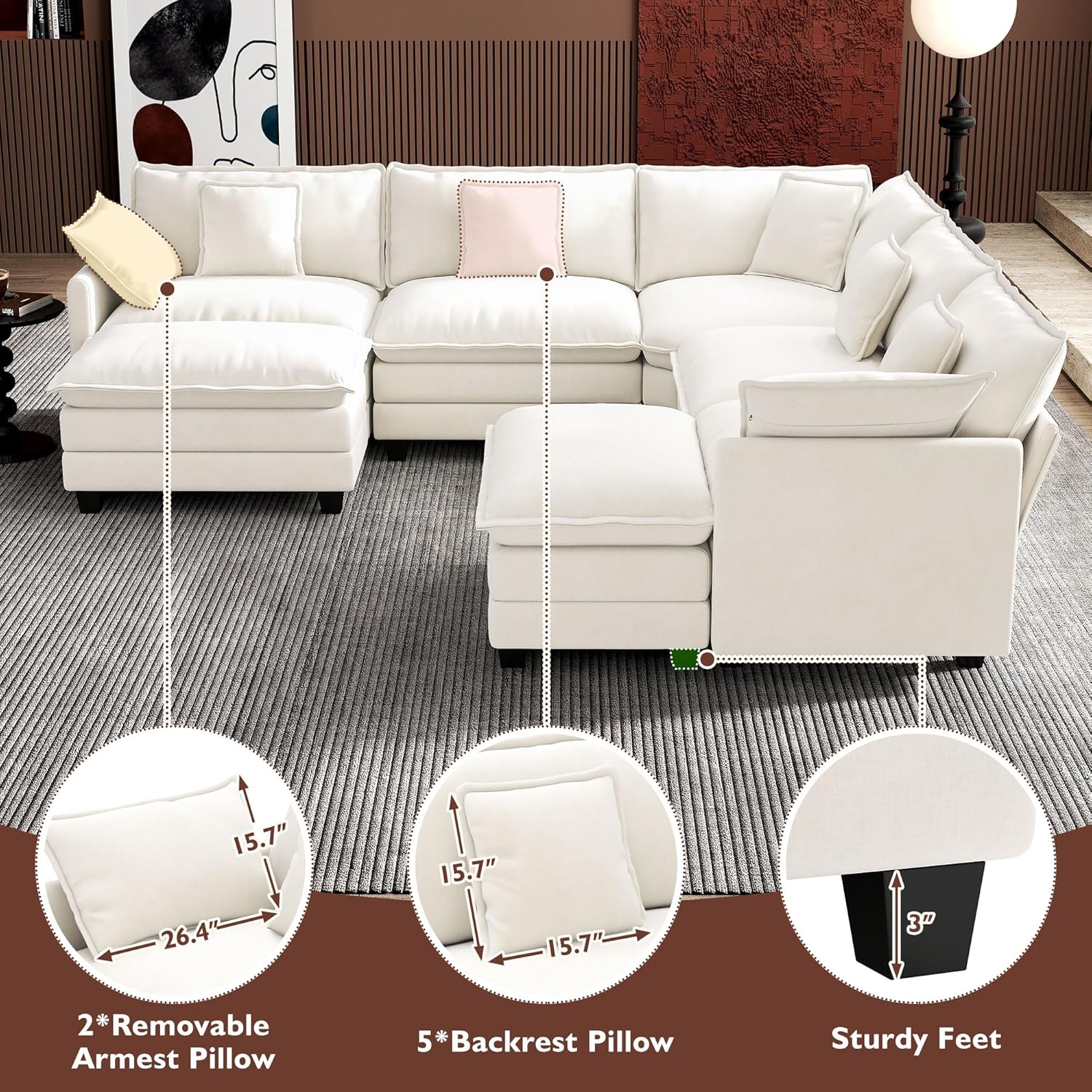 Ihanherry 146" U-Shaped Modern Sofa Modular Sectional Cloud Couch with 2 Ottoman, 6-Seat Chenille Deep Seat Sofa with 6 Pillows for Living Room, Bedroom and Apartment, Grey