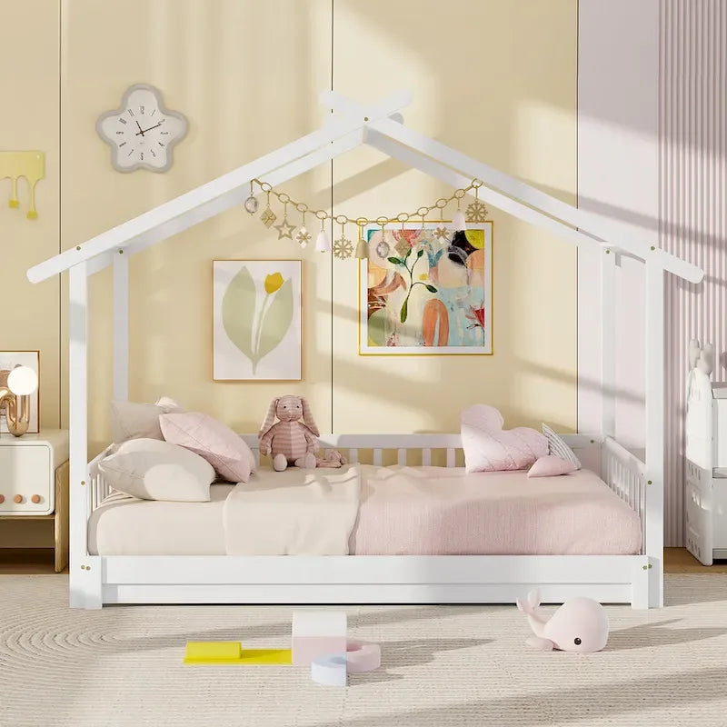 Gymax Twin to King Wooden House Bed Daybed with Safety Rails & Customizable Design