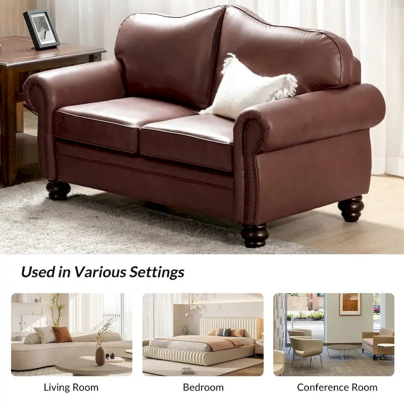Leather Loveseat Sofa with Rolled Arms and Nailhead Trim