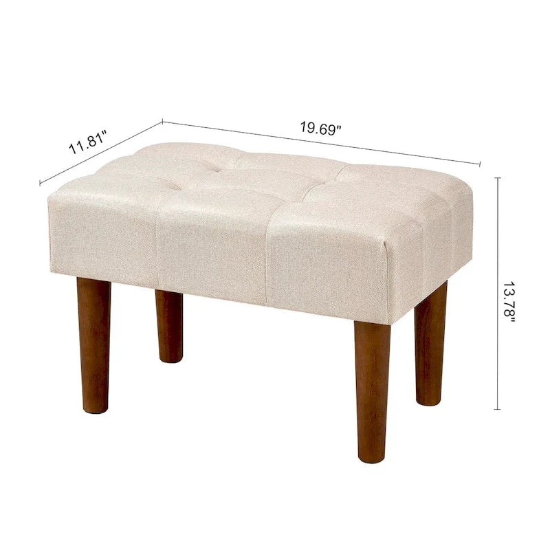 Set of 2 Small Linen Foot Stools with Legs - Rectangle Upholstered Ottoman Footrests