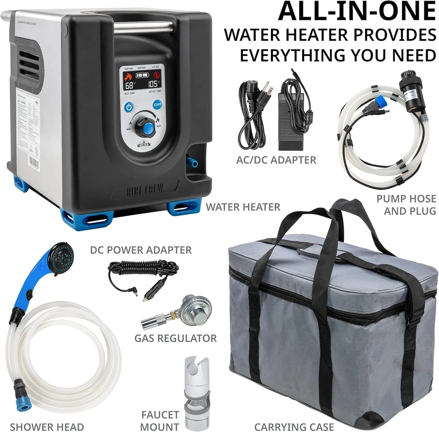 2025 Portable Propane Water Heater & Shower Pump w/Built-in Battery | Compact Outdoor Cleaning & Showering System w/LCD, Safety Shutoff & Carry Case, Instant Hot Water for Camping & Hiking