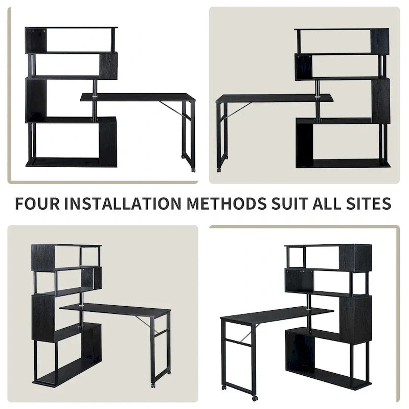 L-Shaped Corner Computer Desk with Rotating Features and 5-Tier Bookshelf for Home Office
