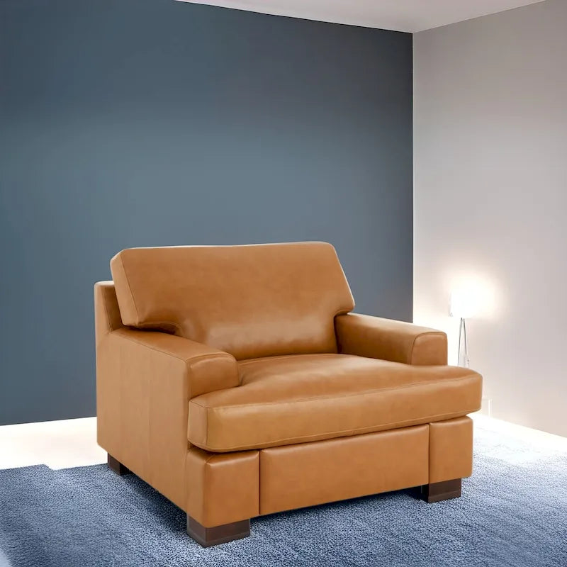 Luxurious Genuine Leather Accent Chair with Goose Feather Cushion, Square Arm Design, and Sturdy Block Legs