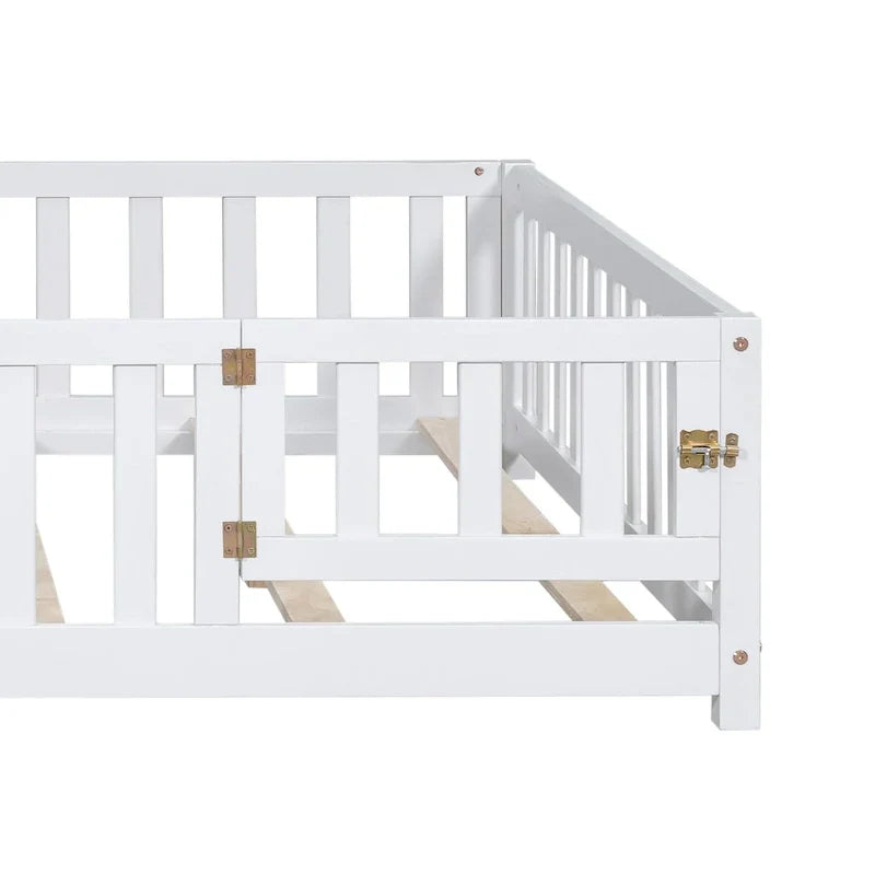 Kids' Full-Size Wooden Floor Bed with Fence and Door