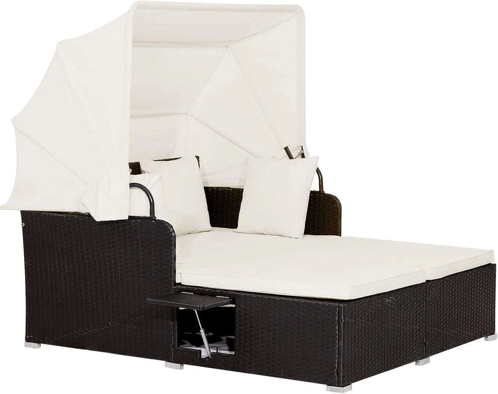 RELAX4LIFE Patio Outdoor Daybed with Canopy, Wicker Sunbed w/Cushions, 4 Pillows & 2 Retractable Side Trays, 2-Person Lounge Bed Conversation for Poolside Porch Garden, Rattan Outdoor Bed (Turquoise)