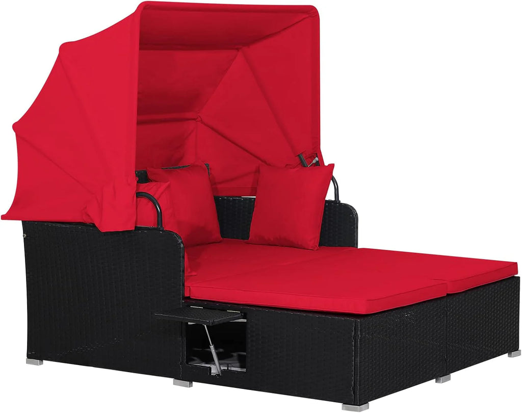 RELAX4LIFE Patio Outdoor Daybed with Canopy, Wicker Sunbed w/Cushions, 4 Pillows & 2 Retractable Side Trays, 2-Person Lounge Bed Conversation for Poolside Porch Garden, Rattan Outdoor Bed (Turquoise)