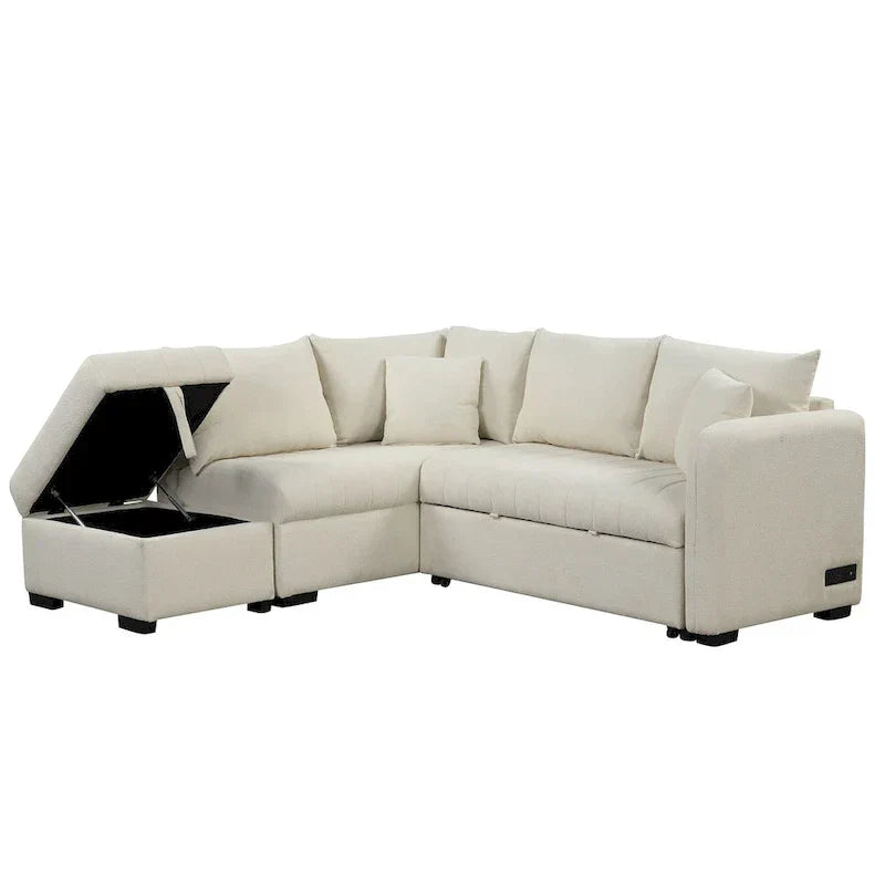 Sectional Sofa Bed with Storage Ottoman USB Ports and Pull Out Design