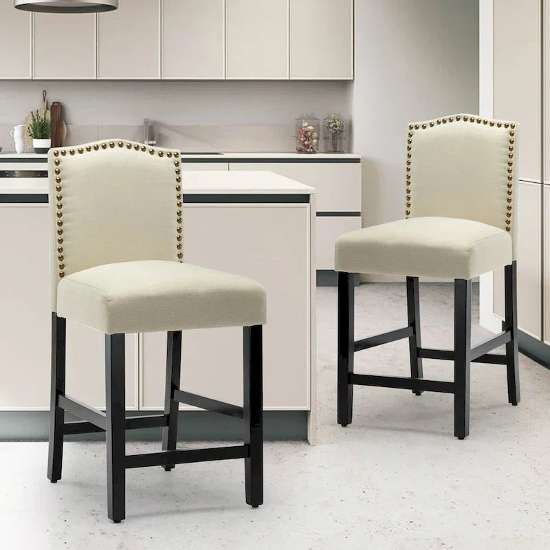 Set of 2 Counter Height Bar Stools with Back - 24-Inch Fabric Upholstered Design and Nailhead Trim