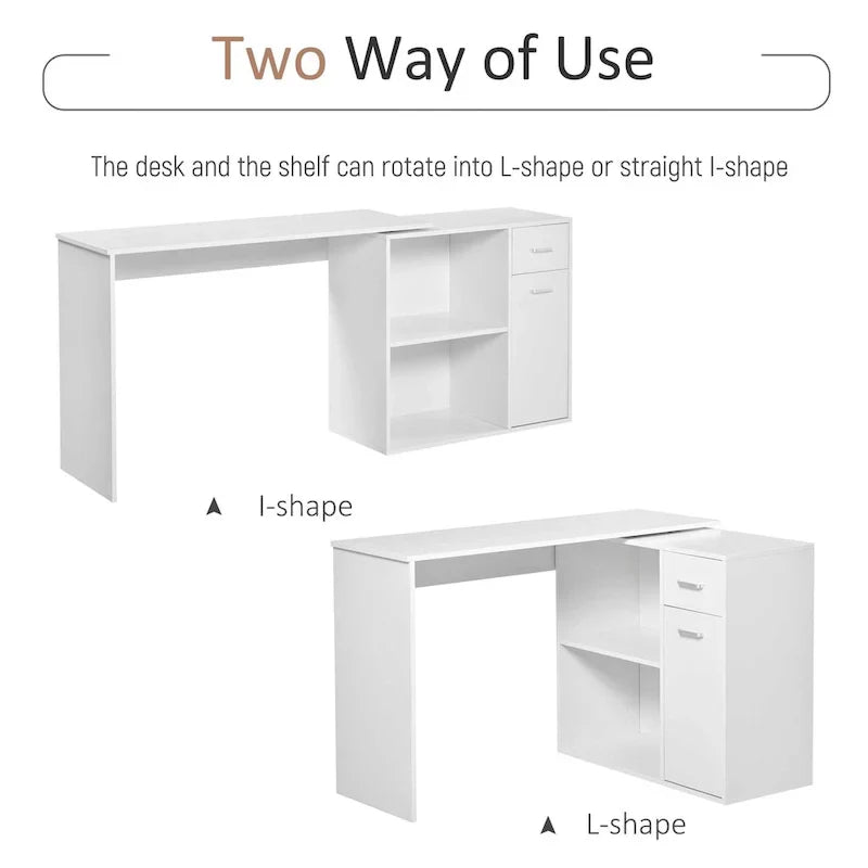 HOMCOM L-Shaped Corner Computer Desk with Rotating Storage Shelves and Drawer for Home and Office Workspaces