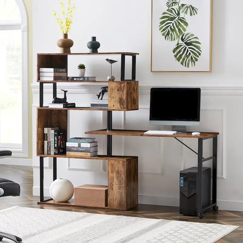 L-Shaped Corner Computer Desk with Rotating Features and 5-Tier Bookshelf for Home Office