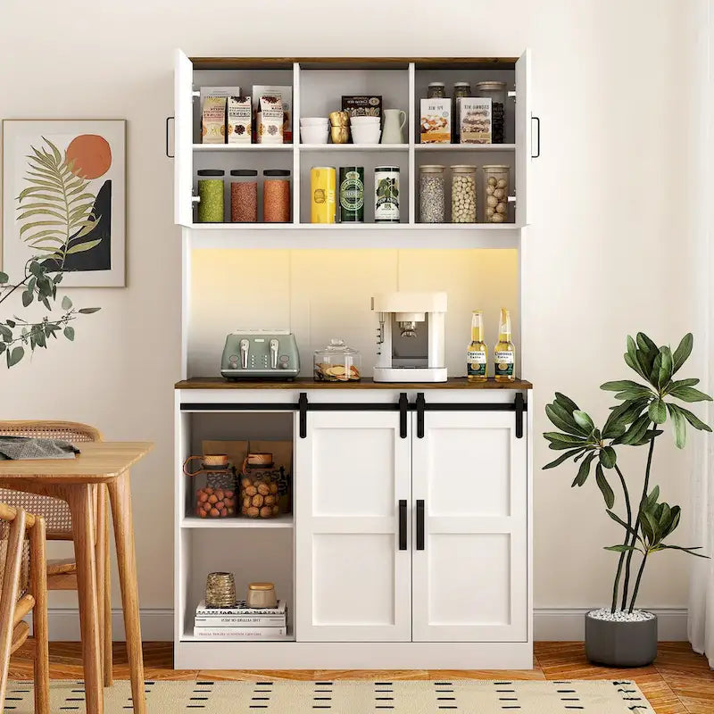 Rustic White Farmhouse Bar Cabinet with Sliding Barn Door - Spacious Kitchen Buffet and Coffee Bar Sideboard Table