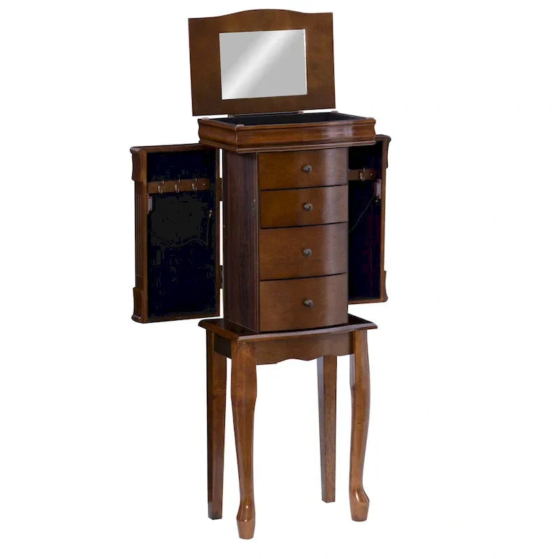 Serena Walnut Jewelry Armoire with Mirrored Finish