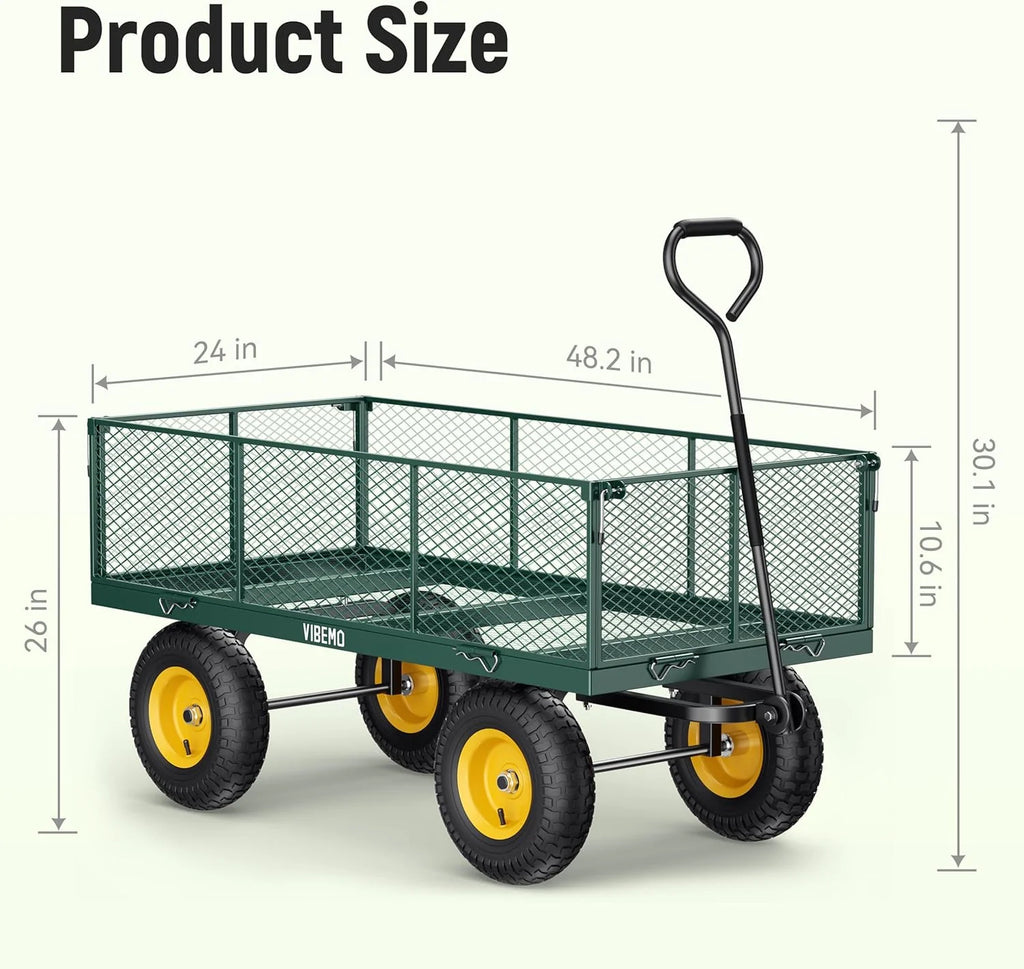Steel Garden Cart, 2-in-1 1400 lbs Heavy Duty Utility Wagon, with Removable Mesh Sides to Convert into Flatbed, 240 U-Turn 13" Pneumatic Tires Garden Wagon for Farm Yard Lawn Garden Camping