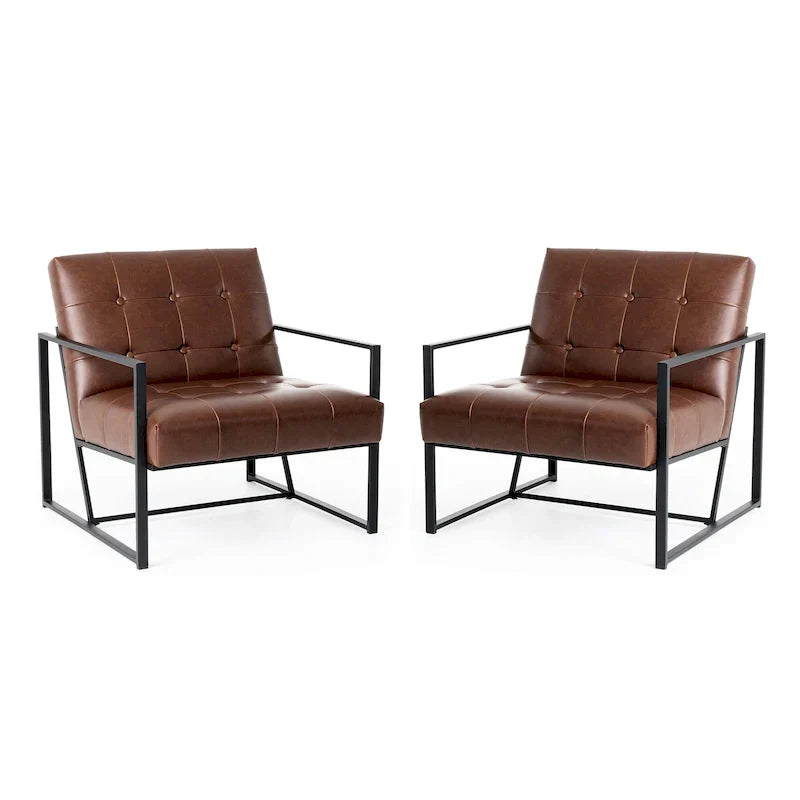 Glitzhome Set of 2 Mid-Century Tufted Accent Chairs in 29.25W PU Leather