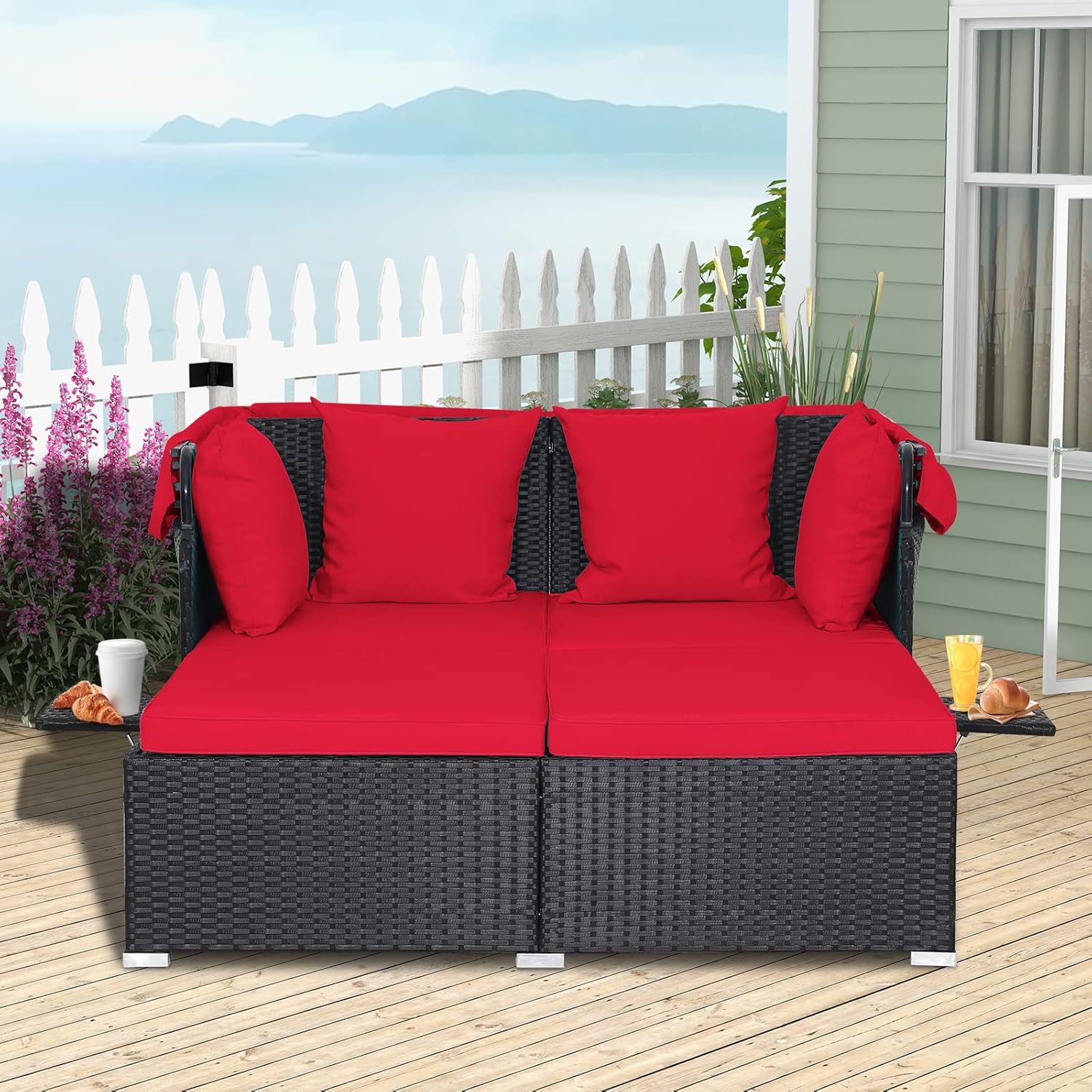 RELAX4LIFE Patio Outdoor Daybed with Canopy, Wicker Sunbed w/Cushions, 4 Pillows & 2 Retractable Side Trays, 2-Person Lounge Bed Conversation for Poolside Porch Garden, Rattan Outdoor Bed (Turquoise)