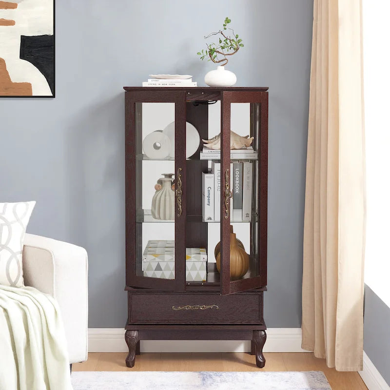 Illuminated Glass Curio Display Cabinet with Adjustable Shelves, Double Doors, and Drawer - Glass Wine Storage Solution