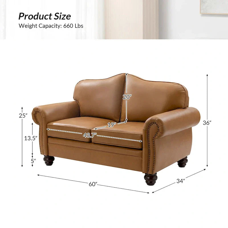 Leather Loveseat Sofa with Rolled Arms and Nailhead Trim